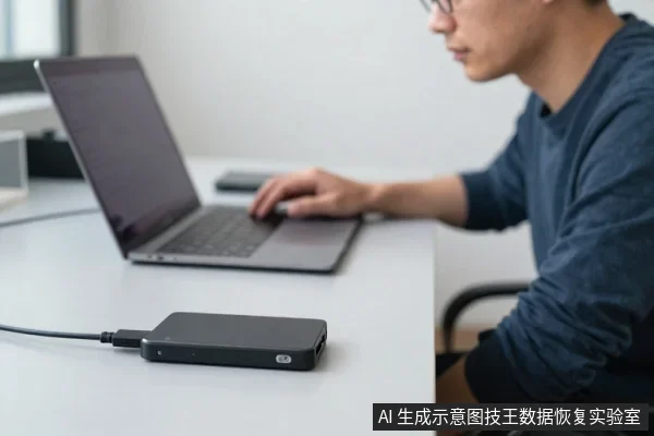 一名戴眼镜的亚洲男性坐在白色办公桌前使用笔记本电脑,桌面左侧放着一块黑色移动硬盘,通过数据线连接至电脑。