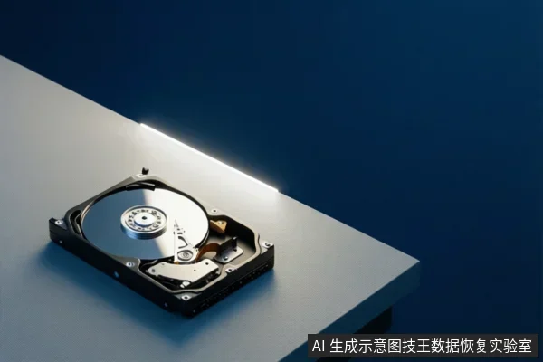 一块打开顶盖的机械硬盘放在白色台面上,可见盘片、主轴和磁头组件,背景为深蓝色。
