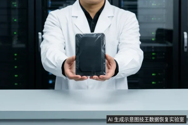 穿白大褂的亚洲成年人双手托举一块黑色移动硬盘,背景为带绿色指示灯的服务器机柜。