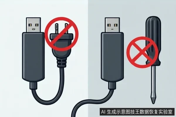 插画显示一个USB接口设备，旁边分别用红色禁止符号覆盖电源插头和螺丝刀，示意禁止通电和禁止用金属工具撬动。