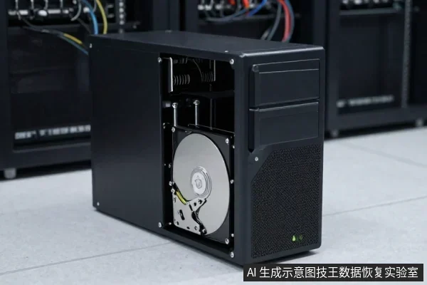 黑色台式电脑机箱侧板打开,内部可见一块3.5英寸机械硬盘,硬盘通过SATA数据线和电源线连接,机箱前方有光驱位和散热网孔。