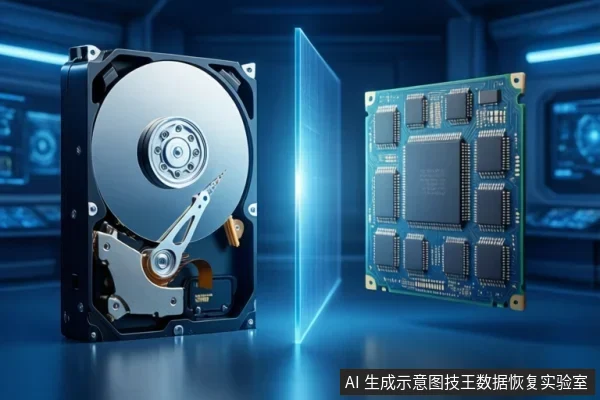 A mechanical hard drive and an SSD circuit board separated by a glowing blue vertical barrier.