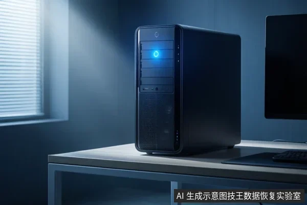 桌面上放置一台黑色立式台式电脑主机,前面板有蓝色发光圆环,右侧可见显示器边缘与键盘,左侧有百叶窗。