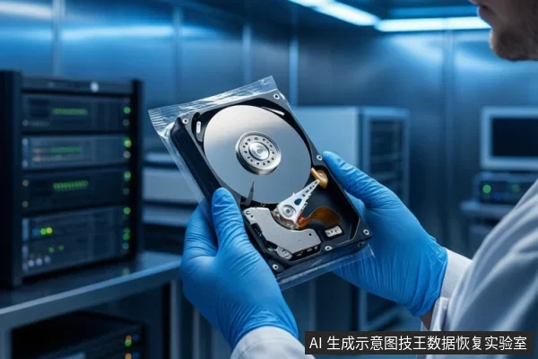 穿白大褂戴蓝色手套的人员在机房环境中双手持一块打开顶盖的机械硬盘,背景有服务器机柜。