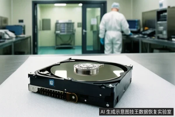 前景为打开外壳的机械硬盘，可见盘片、主轴和接口；背景为洁净室环境，一名穿无尘服的人员在设备旁工作。