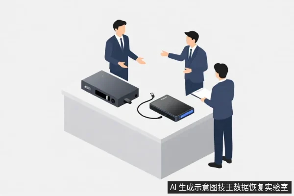 三名穿西装的男子围在白色桌旁,桌上放着一台黑色机架式设备和一块带线缆的黑色硬盘,两人在交谈,一人手持线缆。