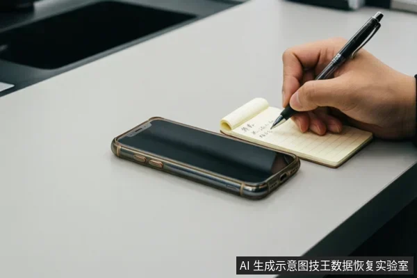 白色桌面上放着一部黑色智能手机,旁边一只手正用黑色笔在便签本上书写。