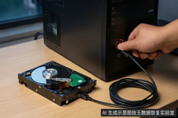 桌面上有一台黑色电脑主机和一块裸露的机械硬盘，一只手正将一根黑色数据线插入主机前部接口，硬盘接口处也连接着线缆。