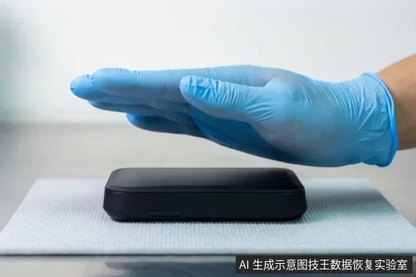 一只戴蓝色手套的手悬停在白色台面上的黑色移动硬盘上方,未接触设备。