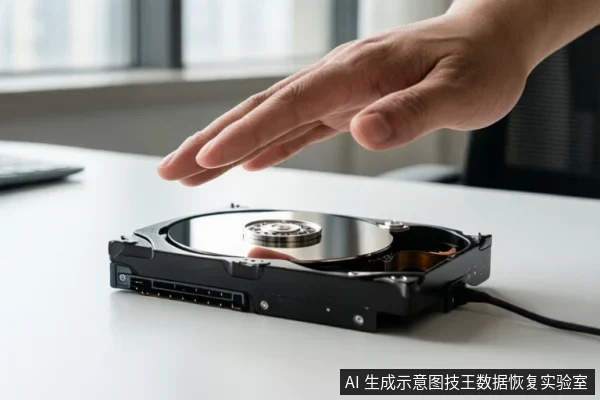 桌面上放置一块打开的机械硬盘，露出盘片与磁头组件，一只手悬停在硬盘上方，未接触设备。