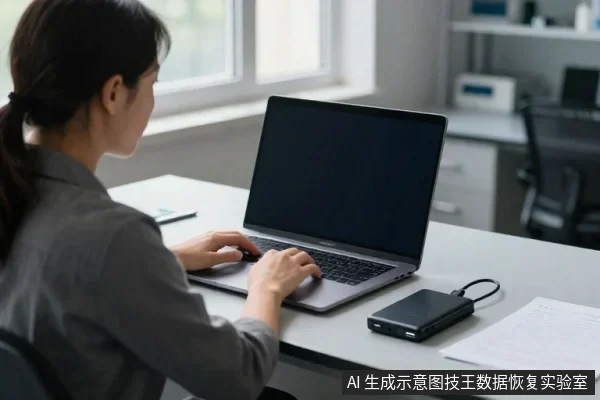 一名亚洲女性坐在办公桌前,双手操作一台屏幕全黑的笔记本电脑,桌面右侧放着一个黑色移动硬盘和一份文件。