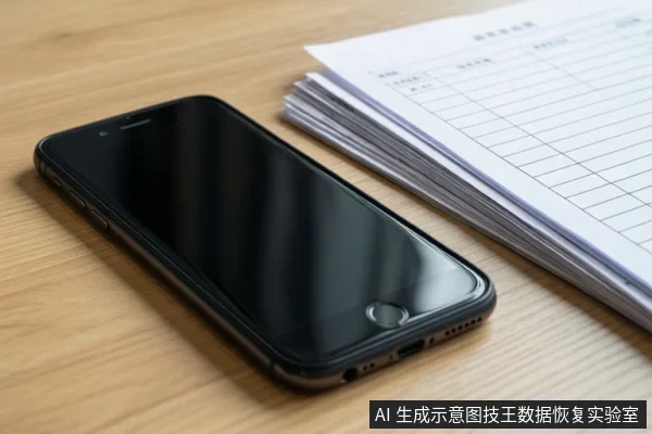 木质桌面上放置一部黑色智能手机,屏幕关闭,旁边有一叠带表格的纸张。