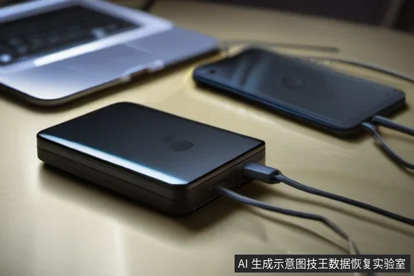 桌面上放置着一台笔记本电脑、一部熄屏的智能手机和一个黑色外置硬盘,硬盘通过USB线缆与设备相连,构成多设备存储场景。