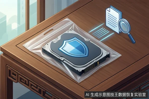 木桌上透明防静电袋内放一块带SATA接口的硬盘，盘体上方叠加蓝色盾牌图标，右侧悬浮文档与放大镜图标，示意介质保护与只读评估。