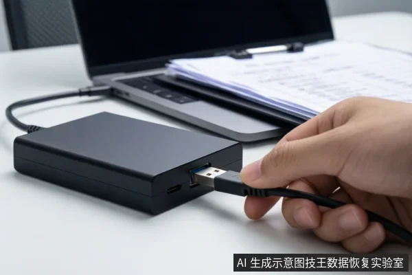 桌面上有一台笔记本电脑和一个黑色外置硬盘盒，一只手正将USB数据线插入硬盘盒的接口。