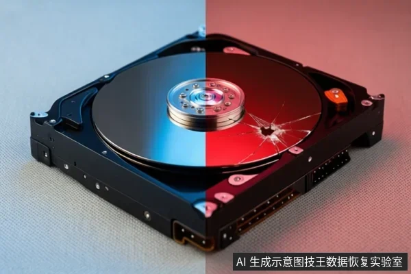 一块打开外壳的机械硬盘,盘片被分为蓝色和红色两半,红色区域盘片表面出现明显裂纹和碎裂痕迹,磁头臂停在盘片上方,背景为浅色和红色拼接。