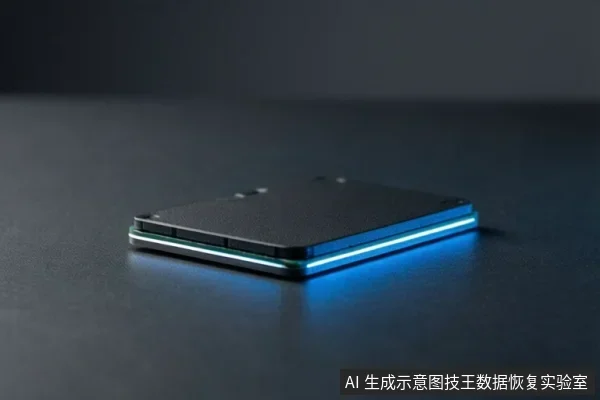 深色台面上放置一块黑色矩形固态硬盘,边缘透出蓝色光带,背景虚化,无文字。