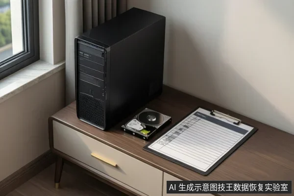木桌上放着一台黑色台式电脑主机,旁边是一块开盖的机械硬盘,盘片可见,右侧写字板上夹着空白表格和一支笔。