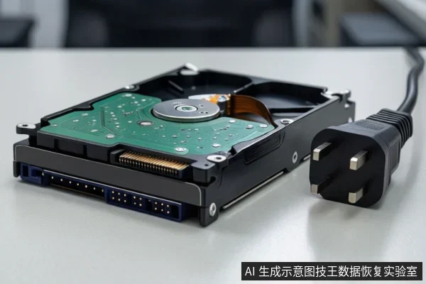白色桌面上放着一块开盖的3.5英寸机械硬盘，露出绿色电路板、盘片与磁头臂，前端可见SATA数据与电源接口；右侧一个三脚电源插头未插入，与硬盘保持空隙。