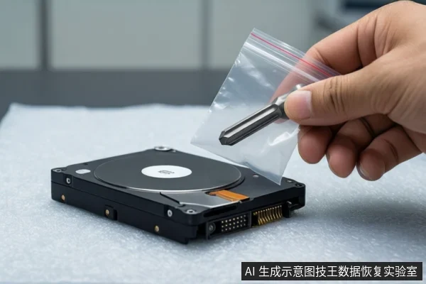 一只手拿着装有螺丝刀的透明自封袋，悬停在一个打开的机械硬盘上方，硬盘放置在白色泡沫垫上。