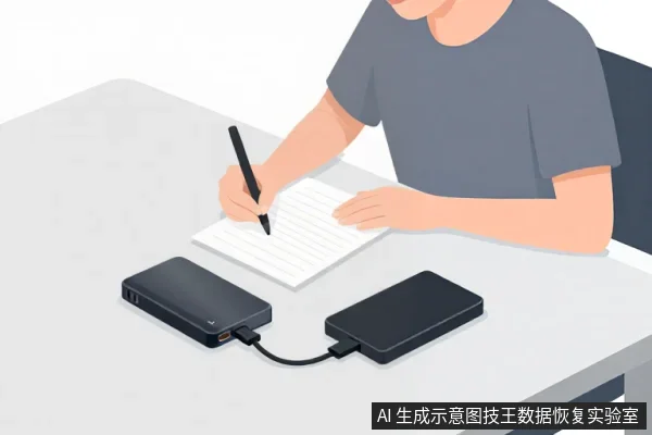 一名穿灰色短袖的人坐在桌前，右手持笔在横线纸上书写，桌上放着一台带多个接口的黑色设备，通过数据线连接另一台黑色移动硬盘。