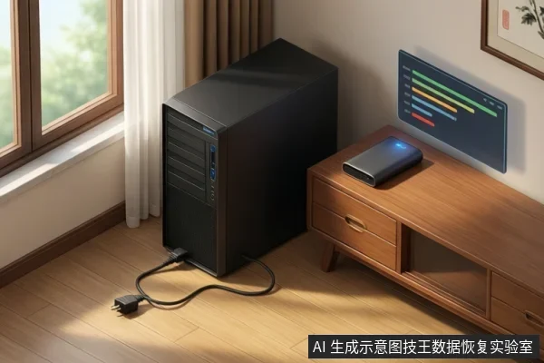 黑色塔式主机置于地板，电源线插头脱离插座放在地上；木柜上放一台带蓝色指示灯的外置存储设备，其上方悬浮一块显示彩色条形图的状态面板。
