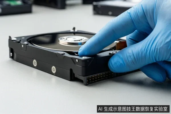 一只戴蓝色手套的手正在触摸灰色台面上打开的机械硬盘边缘,硬盘盘片与主轴清晰可见。