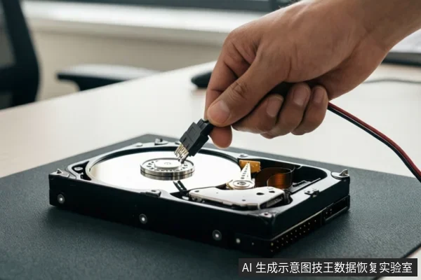 一只手正将SATA数据插头对准一块已打开外壳的机械硬盘接口,硬盘盘片、主轴与磁头组件清晰可见,放置在深色垫面上。