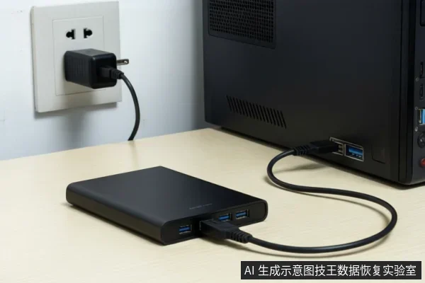 米色桌面上黑色移动硬盘盒,前端USB口插着数据线连到右侧台式机,墙插电源适配器为硬盘盒供电。