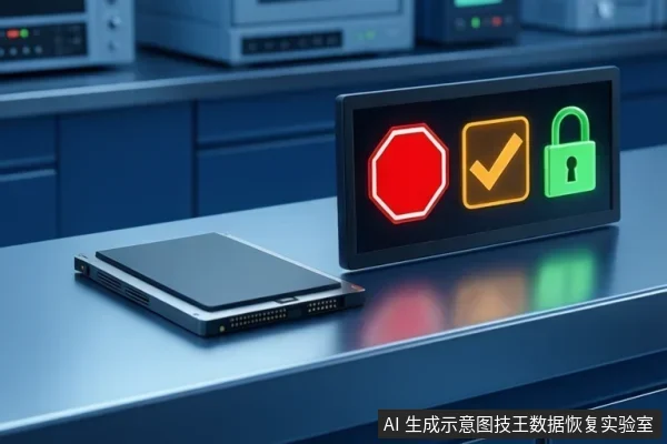 实验台面上平放一块2.5英寸SATA固态硬盘，旁边立屏显示红色停止、橙色对勾和绿色锁三个图标，背景为带指示灯的机柜。