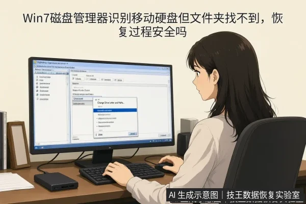 正文场景:文章内容场景示意图:Win7磁盘管理器识别移动硬盘但文件夹找不到,恢复过程安全吗