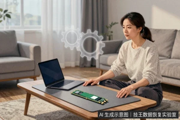 一位亚洲女性坐在客厅茶几前,面前放着笔记本电脑和一块M.2固态硬盘,上方悬浮着齿轮图标。