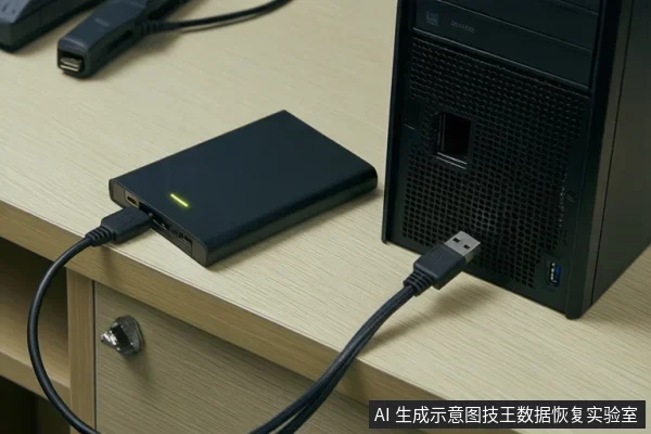桌面上黑色移动硬盘通过USB线连接至台式机后部USB接口，硬盘表面指示灯亮起，左上角另有一根线缆接头。