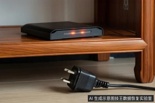 木桌上放黑色移动硬盘,前端两枚橙色指示灯亮起;地面放着一个未插入插座的两脚电源插头,黑色线缆向右延伸
