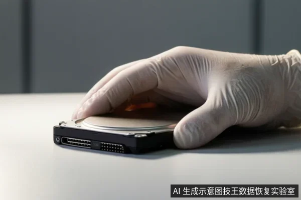 一只戴白色手套的手正按压在平放的2.5英寸机械硬盘上,硬盘接口清晰可见,背景为简洁的灰色墙面和白色桌面。