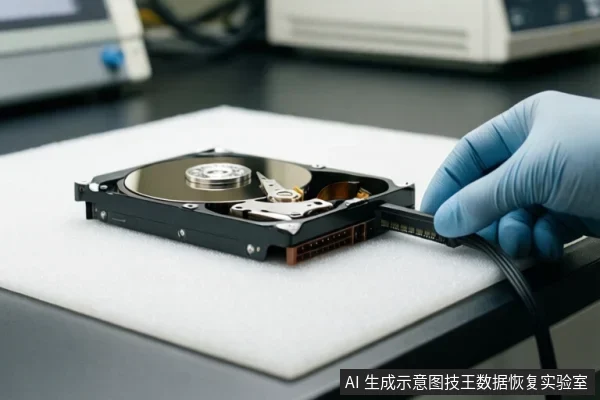 戴蓝色手套的手在防静电泡沫垫上操作一块裸露盘片的机械硬盘,正将一条黑色排线插入硬盘侧面的接口。