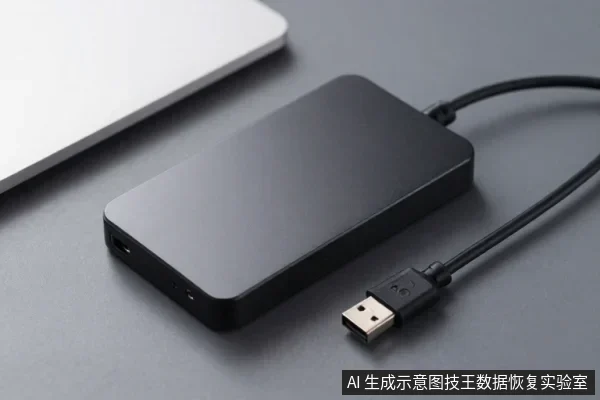 黑色方形外置硬盘平放在深灰色桌面上,侧面USB接口连着一根黑色数据线,线缆末端的USB-A插头朝向画面右下方,左上角露出一台白色笔记本电脑的边缘。