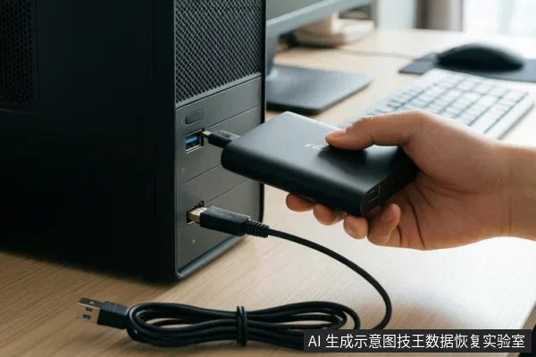 一只手拿着黑色移动硬盘,将其USB接口对准台式电脑机箱前部的USB端口,下方另有一根USB数据线连接在机箱上。