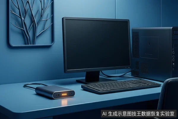 蓝色桌面上摆放黑屏显示器、键盘与台式机主机,外接移动硬盘指示灯亮起并连接数据线。
