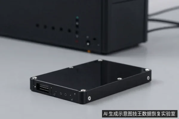 黑色方形存储设备平放在灰色台面上,侧面可见多针接口,后方是一台黑色机箱。