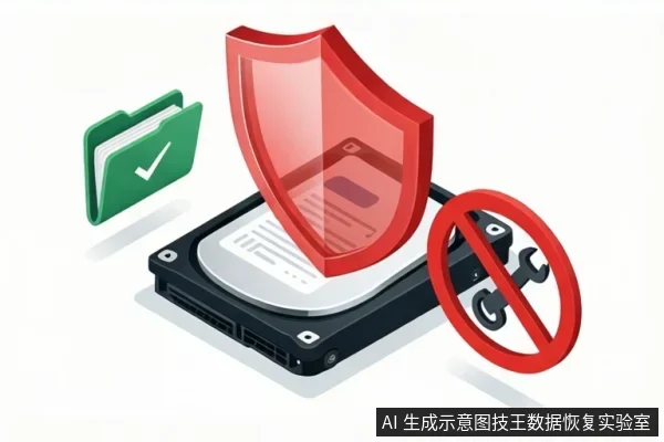 一个硬盘驱动器位于中央,上方覆盖红色盾牌,左侧有带对勾的绿色文件夹,右侧有红色禁止符号覆盖扳手。