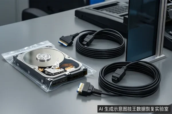 桌面防静电袋内放有一块开盖机械硬盘,盘片与磁头可见,旁边盘绕两根带SATA接口的数据线,背景为显示器与键盘。