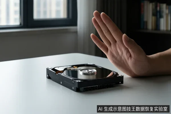 白色桌面上放置一块打开的机械硬盘,右侧一只手掌抬起,背景为窗户和书架。