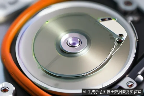 打开的硬盘内部特写，可见金属盘片、中心主轴、磁头臂及橙色音圈线圈等机械结构。