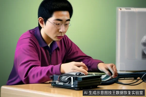 戴眼镜的亚洲成年男性坐在桌前操作鼠标，桌上放着带线缆的黑色存储设备，右侧有一台白色主机设备。