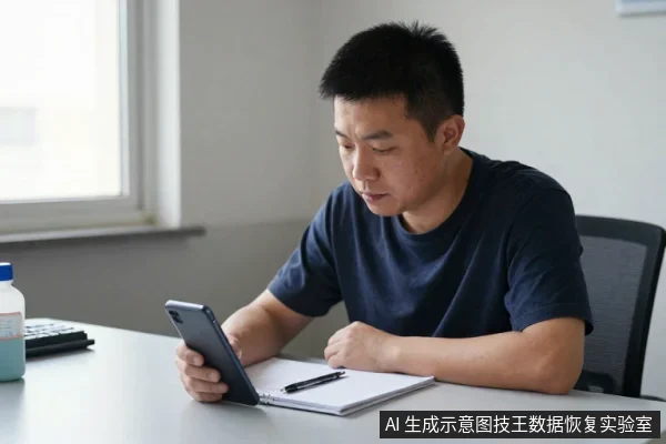 一名亚洲成年男子坐在桌前,低头看着左手握持的智能手机,右手放在一本笔记本旁,桌上还有一支笔和一瓶液体。