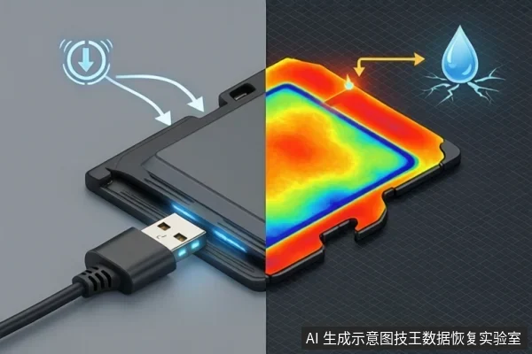 左侧为CF卡插入读卡器并连接USB线，上方有下载图标；右侧为CF卡热成像图，显示高温区域，旁边有水滴和裂纹图标。