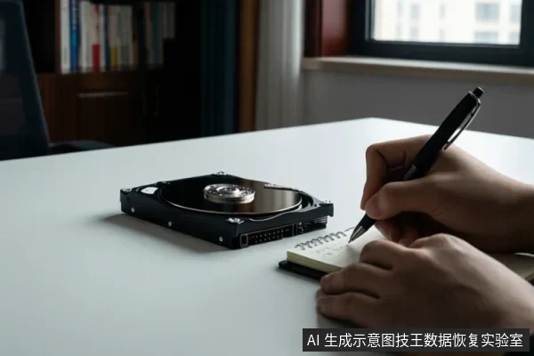 白色桌面上放置一块打开的机械硬盘,右侧有一双手持笔在便签上记录,背景为书架和窗户。