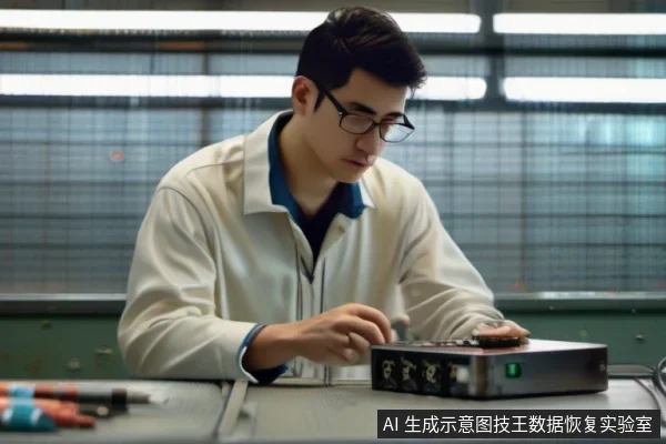 戴眼镜的亚洲男性技术人员身穿白色工作服,坐在实验台前,用手检查一台侧面带接口、正面亮着绿色指示灯的黑色外置设备。