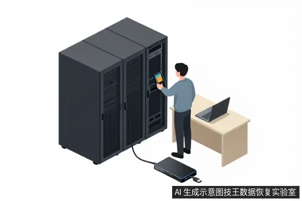 一名男子站在黑色服务器机柜旁，手持手机查看，机柜前地面放着一台带线缆的黑色设备，旁边桌上有一台笔记本电脑。